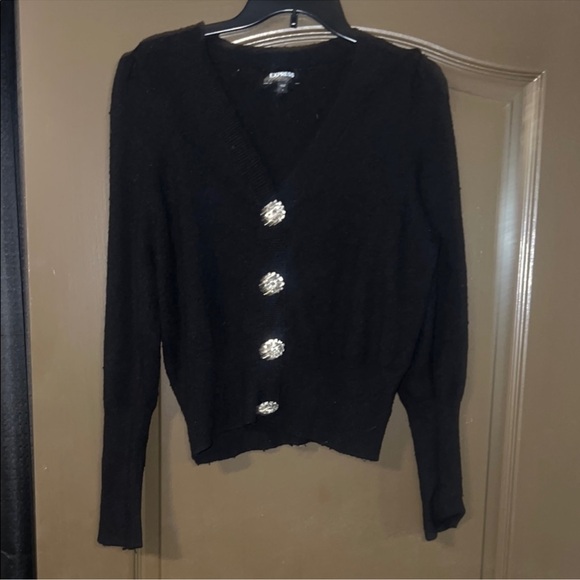 Express Sweaters - Elegant Black Sweater with Crystal Buttons